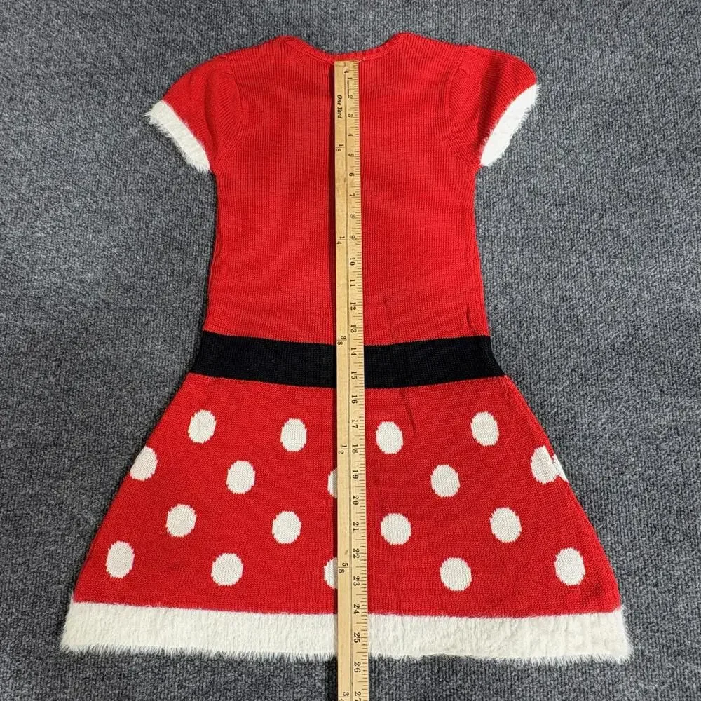 Disney Sweater Dress Girls 6 Red Minnie Mouse Polka Dot Knit Bow Christmas